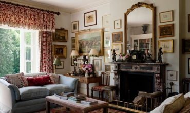 Country Estate living room with gilded mirror on fire mantle